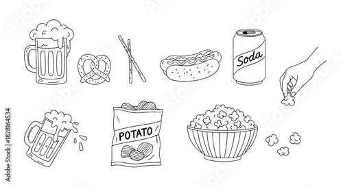 Hand-drawn snack and beverage icons with copy space for food menu design concept