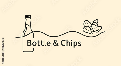 Minimalistic line art illustration of bottle and chips with copy space for snack branding concept