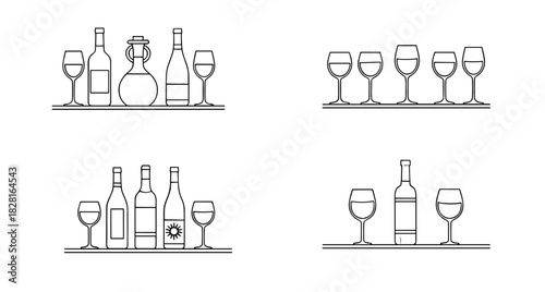 Line art of bottles and glasses with copy space for beverage menu concept