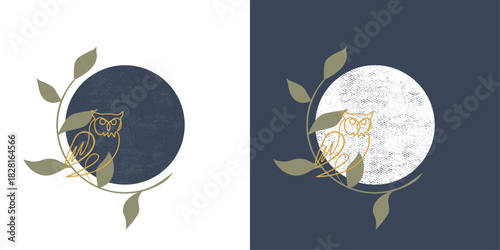 owl moon minimal line art logo vector illustration