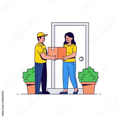A cheerful customer accepts an e-commerce package delivery from a uniformed logistics worker standing on her front porch in this modern 2D flat vector illustration.
