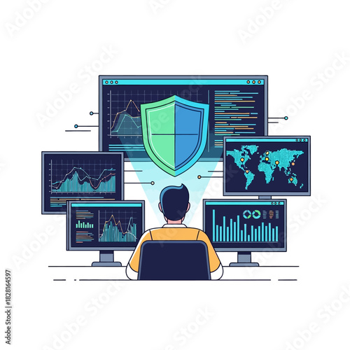 A 2D flat vector illustration depicts a cybersecurity expert monitoring multiple data streams on complex interfaces protected by a large digital shield icon.
