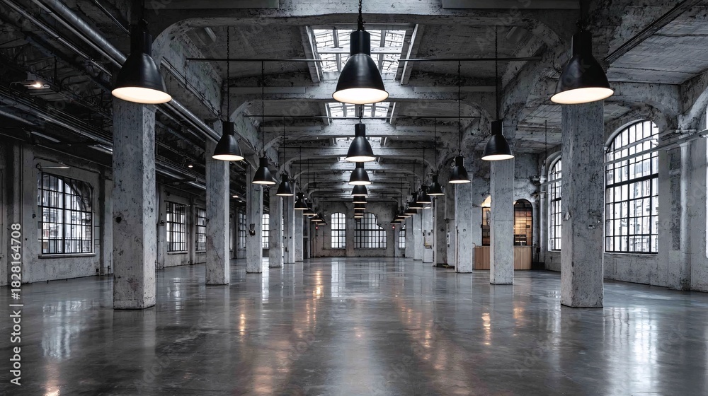 Naklejka premium Empty industrial interior with columns windows and hanging lights in gray tones.