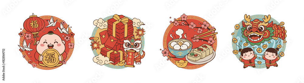 Obraz premium Vibrant Chinese New Year Circle Illustrations Set, Lunar New Year Graphics.