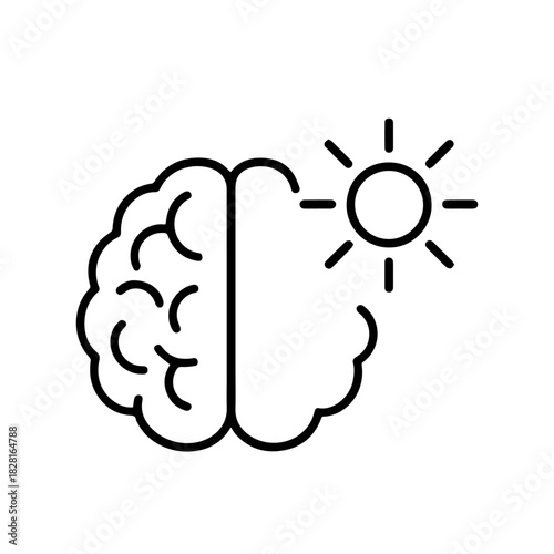 brain with sun vector line icon on a white background Vector line icon on a white background