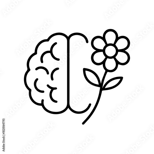 brain with flower vector line icon on a white background Vector line icon on a white background