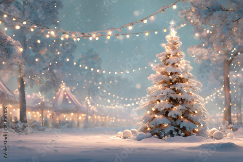 Christmas Holiday background with snow, fir tree and decorations with christmas light behind. Christmas white and golden balls on a winter festive background.