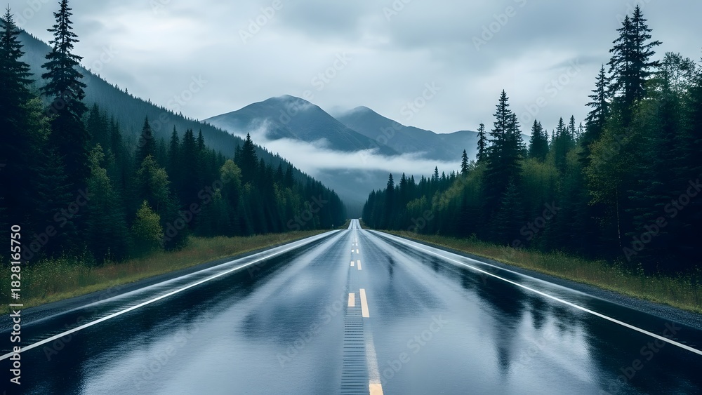 Naklejka premium Scenic rainy road through mountain forest landscape with low clouds and fog
