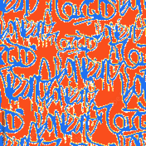 Vector Seamless pixel graffiti pattern with abstract tags, dithered texture. Urban, grunge, playful pixel art style perfect for backgrounds, textiles