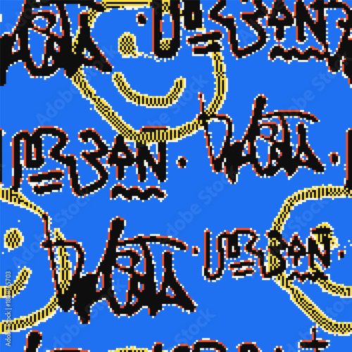 Vector Seamless pixel graffiti pattern with abstract tags, dithered texture. Urban, grunge, playful pixel art style perfect for backgrounds, textiles