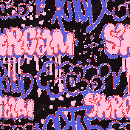 Vector Seamless pixel graffiti pattern with abstract tags, dithered texture. Urban, grunge, playful pixel art style perfect for backgrounds, textiles