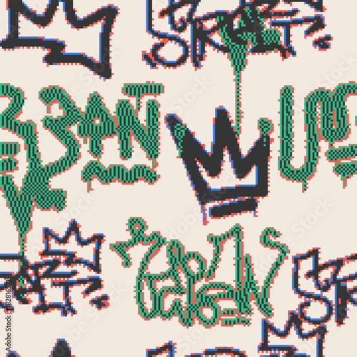 Vector Seamless pixel graffiti pattern with abstract tags, dithered texture. Urban, grunge, playful pixel art style perfect for backgrounds, textiles