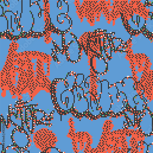 Vector Seamless pixel graffiti pattern with abstract tags, dithered texture. Urban, grunge, playful pixel art style perfect for backgrounds, textiles