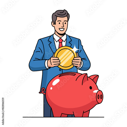 A happy businessman deposits a massive gold coin into an oversized piggy bank, a vibrant 2D flat vector illustration representing smart financial savings and future investment strategy.