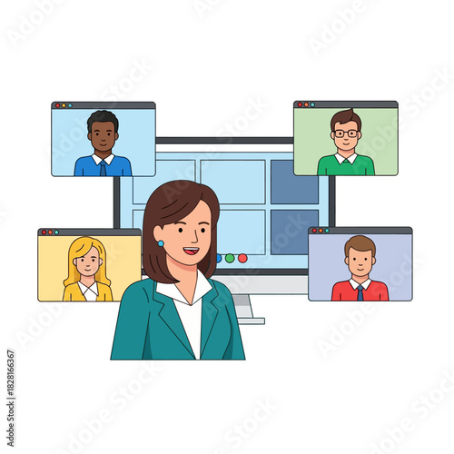 A female manager leads a virtual conference call with four diverse employees displayed in video windows surrounding a central desktop screen, depicted in a flat 2D vector illustration.