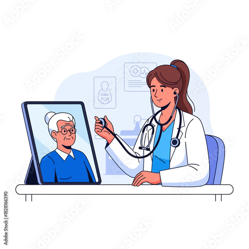This flat 2D vector illustration shows a female doctor conducting a virtual consultation with an elderly patient on a large digital tablet in a modern office.