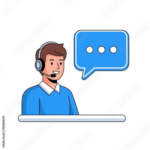 A friendly customer support representative wearing a headset is seated at a desk, ready to offer client communication and instant help, depicted in a clean 2D flat vector illustration.
