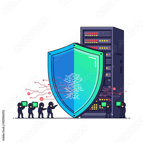 Cybersecurity 2D flat vector illustration featuring a massive digital shield protecting a server rack from tiny masked hackers attempting a data breach.