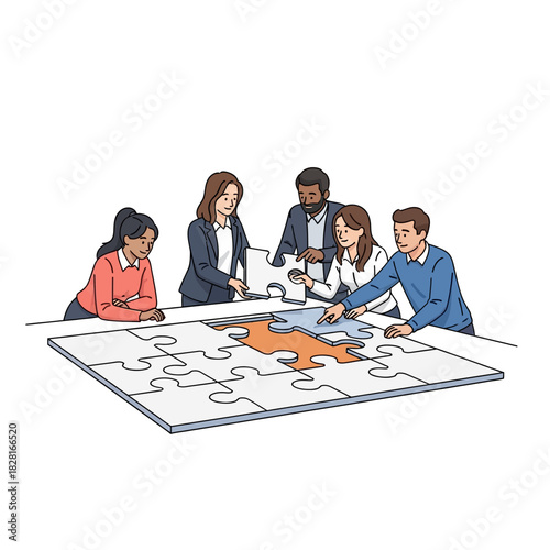 Diverse team collaboration is shown in this flat 2D vector illustration where four employees successfully finish a complex jigsaw puzzle on a large table, symbolizing strategy execution.