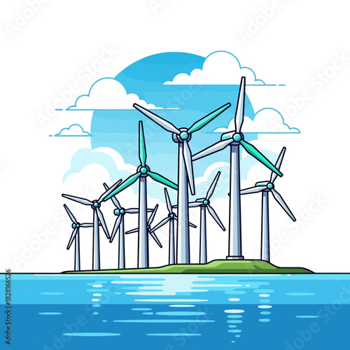 Modern wind turbines stand in a row generating renewable electricity near a pristine blue lake, captured in a vibrant 2D flat vector illustration of eco-friendliness.