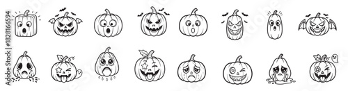 Monochrome Halloween Pumpkin Head Carving Vector Graphics Bundle.