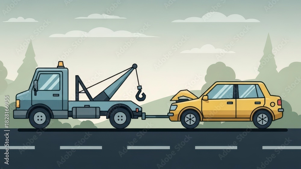 Fototapeta premium Towing a Damaged Car After an Accident on the Road.