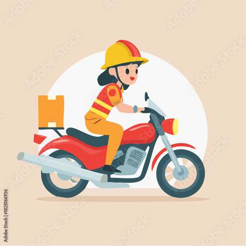 A female delivery person riding a red motorcycle with a package.