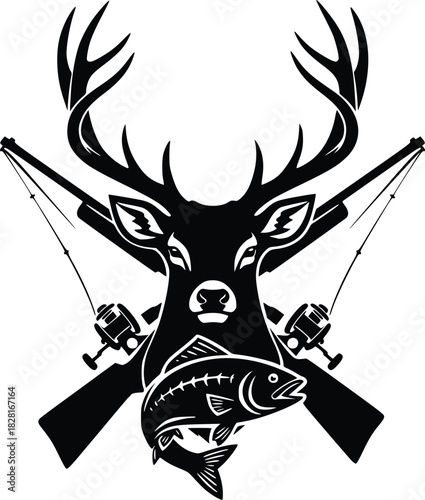 Outdoor adventure badge with stag head, fish, crossed guns, and fishing rods. Suitable for hunting clubs, fishing brands, nature logos, and wilderness artwork