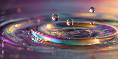 Abstract colorful iridescent water splash with falling drops and ripples