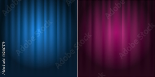 Set, purple and blue curtain, spotlight, beam of light on stage curtain, theater closed curtain, curtain. Theater draperies