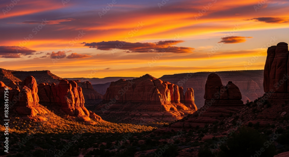 Fototapeta premium Golden light bathes majestic desert rock formations at sunset