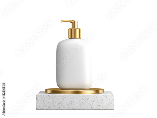 A minimalist cosmetic pump bottle, white and gold, on a textured pedestal with a black background, conveying elegance and beauty