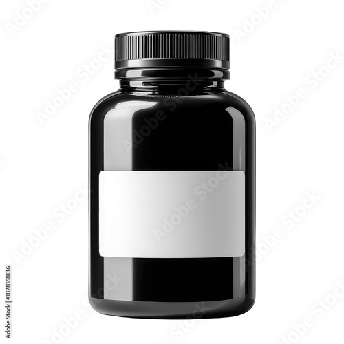 Glossy black bottle, a pharmaceutical or supplement container. The label is white, the cap is ribbed. Simple and clean