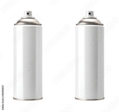 Two identical cylindrical containers, each with a silver nozzle and white body, displayed upright against a black background
