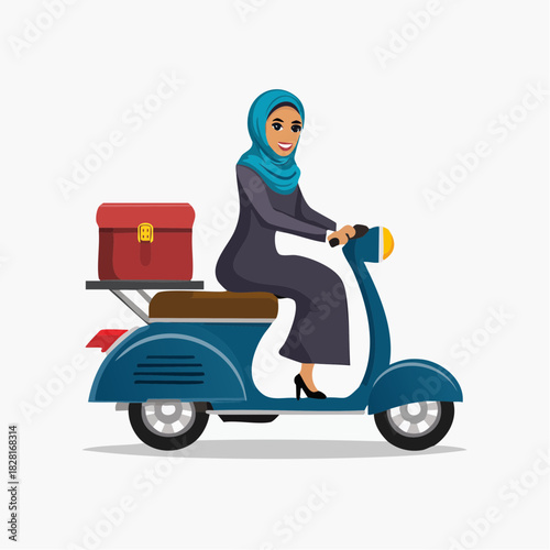 Modern Muslim woman wearing a hijab, riding a blue scooter and delivering a package, on an isolated white background.