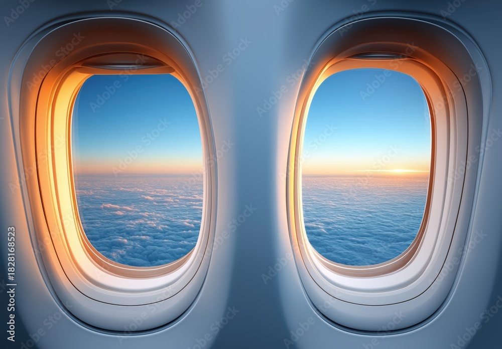 Fototapeta premium Passengers enjoy breathtaking views of clouds and sunset from airship windows