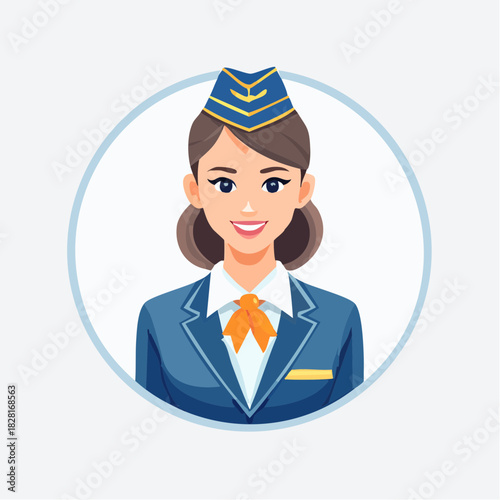 Friendly female flight attendant wearing a classic blue uniform, smiling confidently on an isolated white background.