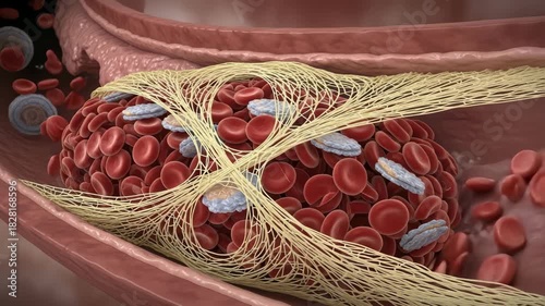 Close Up Of Blood Clot With Red Blood Cells And Platelets Inside Artery Medical Illustration