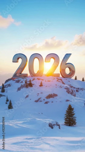 Large metallic numbers 2026 on a snowy hill, winter landscape, new year celebration, sunrise on horizon, seasonal scenery, holiday concept, upcoming year anticipation, outdoor decoration