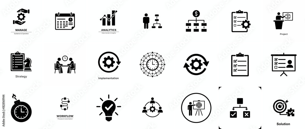 Fototapeta premium Project management icon collection. Time management and planning concept. Solid icon set.