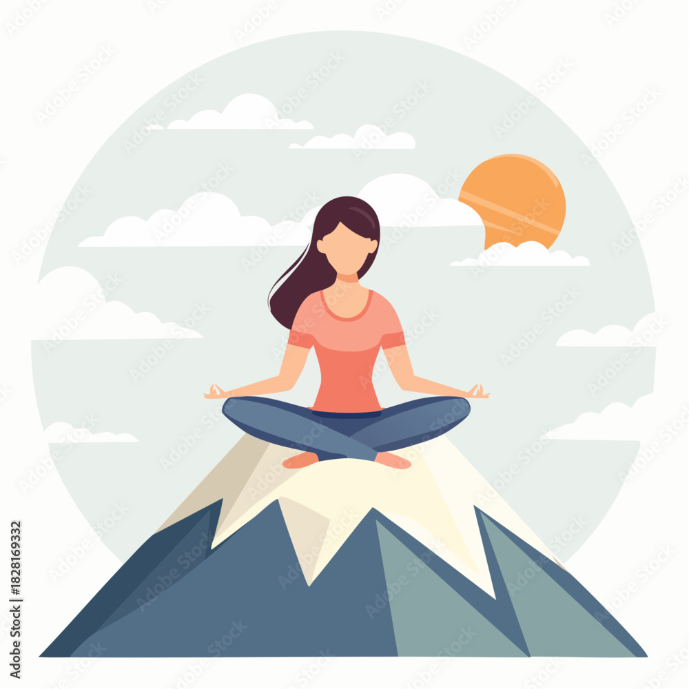custom made wallpaper toronto digitalA woman sits in meditation atop a mountain peak under a sunny sky.