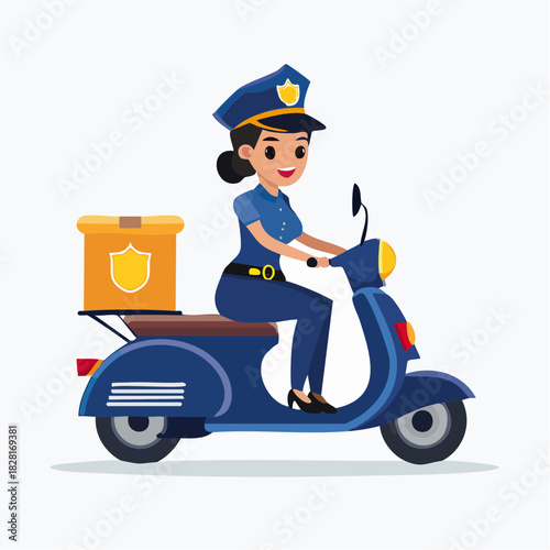 A smiling policewoman rides a scooter, delivering a package with a shield.