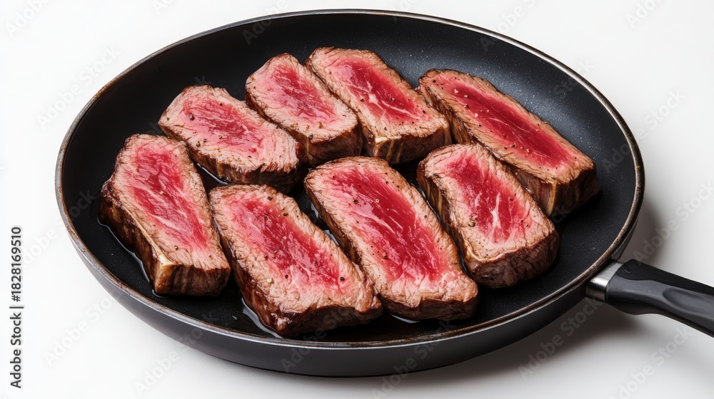 Obraz premium Sliced Beef Steak Medium Rare in Pan, Cooking , Meat