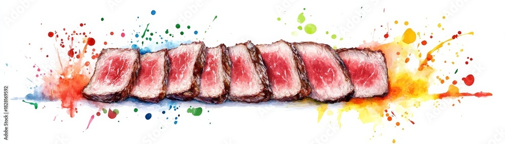 Obraz premium Sliced Beef Watercolor Art with Color Splashes, Steak, Food art
