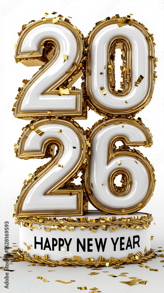 Obraz premium 豪華なゴールドと白の2026年ハッピーニューイヤー