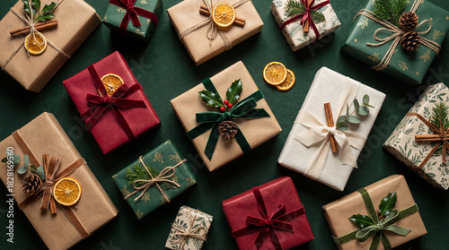 Christmas gifts on green background