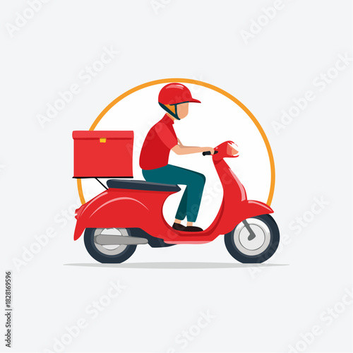 A delivery person rides a red scooter with a box, delivering a package.