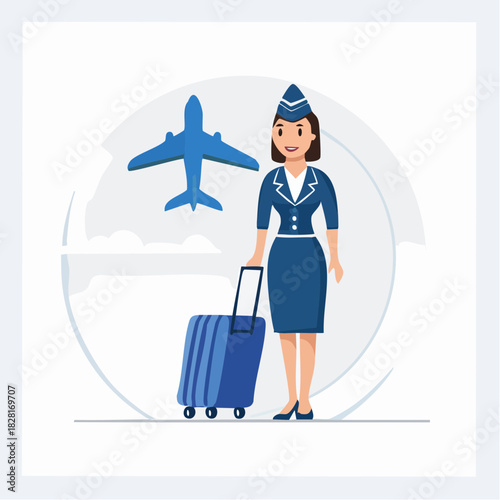 Cartoon illustration of a smiling flight attendant in uniform with luggage, standing in front of an airplane.