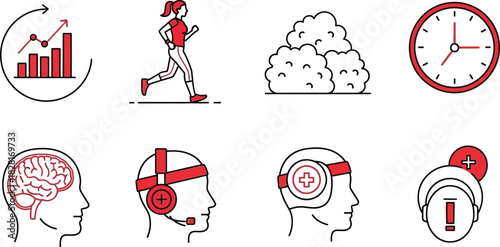 Concept of productivity time management brain training and healthy lifestyle in line art