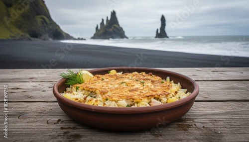baked fish and potato dish before black sand shore indicating icelandic tradition cold season comfort food and nordic coastal scenery